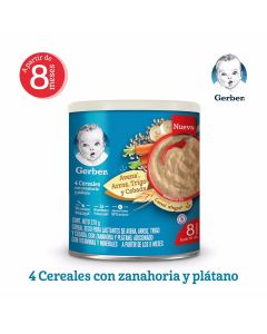 Cereal Infantil Gerber Etapa 3, 4 Cereales con Zanahoria y Plátano Integral Lata 270g