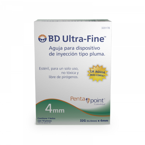 Farmacias del Ahorro, Aguja para insulina BD Ultra-Fine 32G x 4mm caja  c/10 pzas