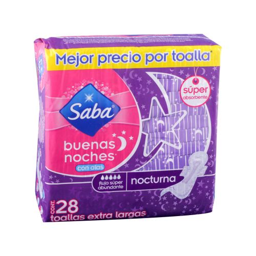 Farmacias del Ahorro | Toallas femeninas Saba Buenas Noches con alas 28  piezas | Tienda en línea a todo México