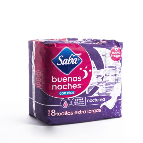 Farmacias del Ahorro | Toallas femeninas Saba Buenas Noches con alas 8  piezas | Tienda en línea a todo México
